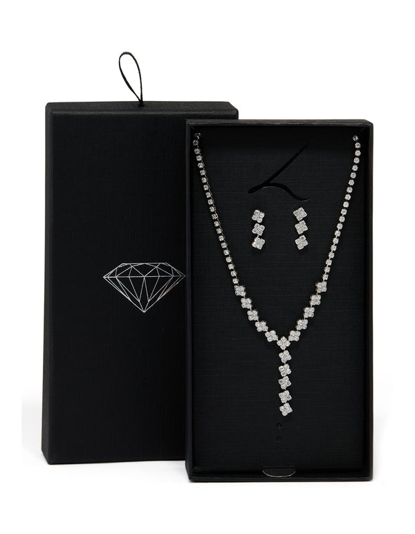 Silver Cubic Zirconia Flower Y-Necklace & Earrings Set