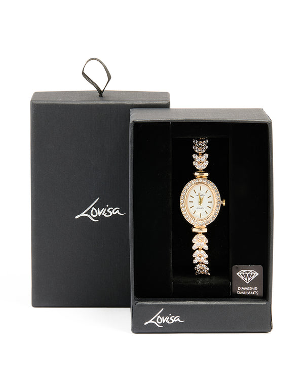 Gold Cubic Zirconia Oval Face Watch