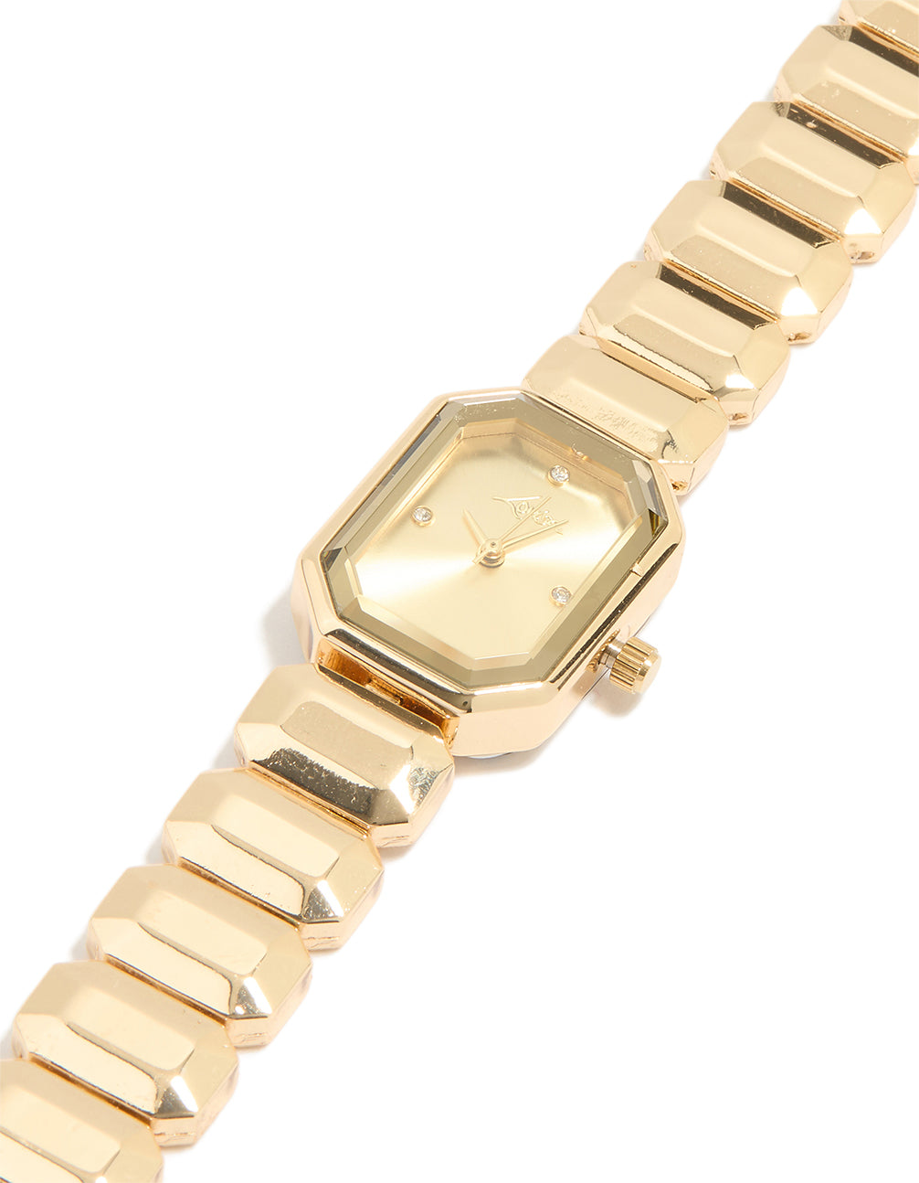 Showcasing a women's watch with gold dial, rectangle shape, and formal analog design in gold, featuring a link band strap, watch face detail view
