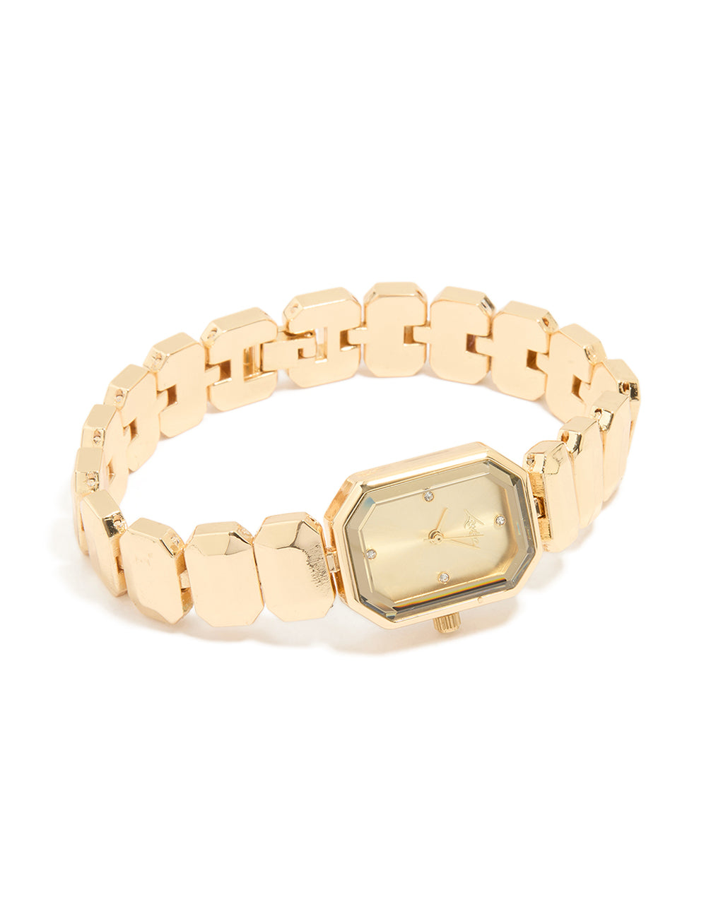 Elegant women's watch with gold dial, rectangle shape, and formal analog design in gold, featuring a link band strap, front view