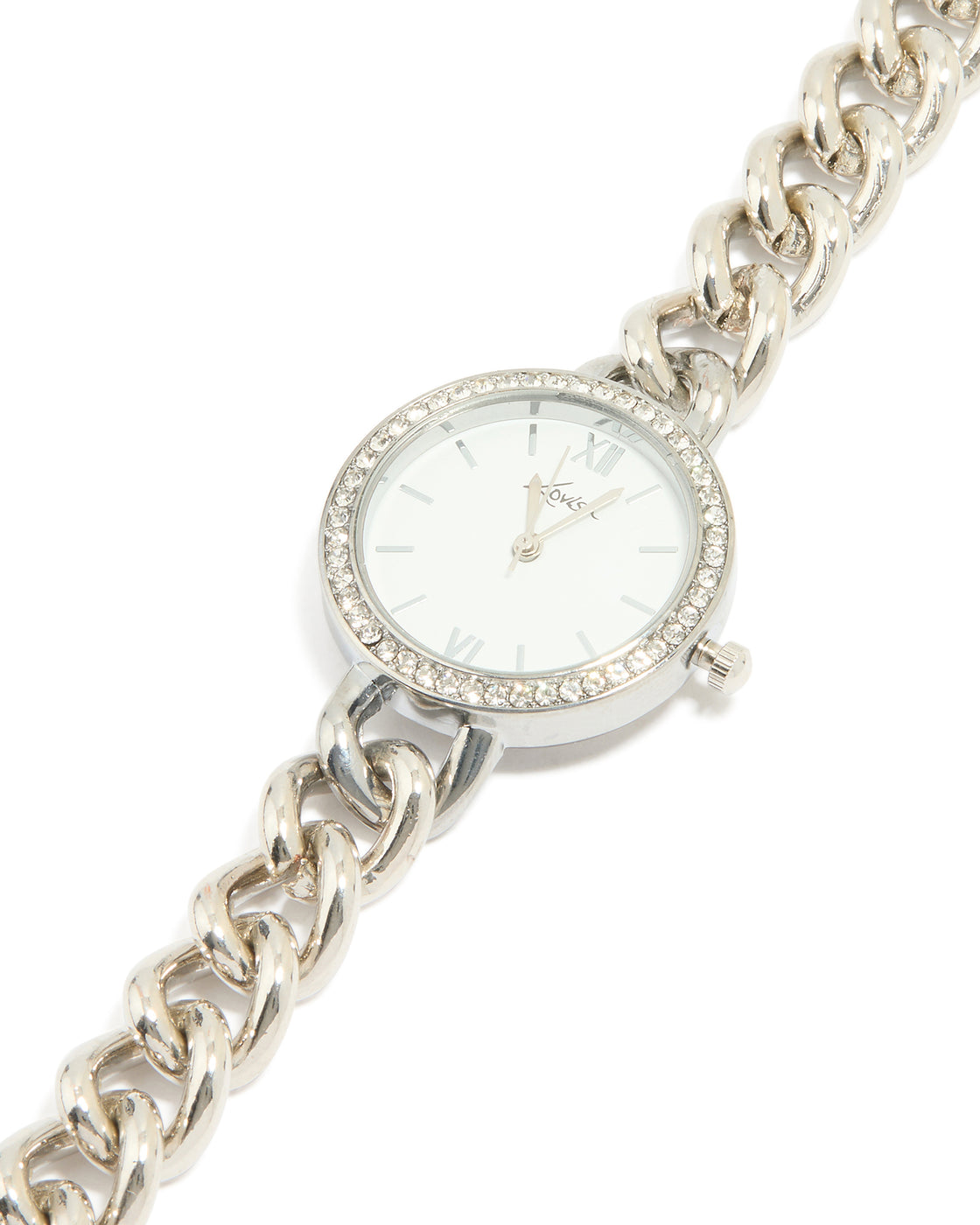 Beautifully crafted women's watch with white dial, roman numerals, round face, formal occasion styling, analog movement, link band strap in silver watch face detail view