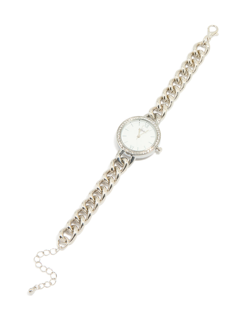 Elegant women's timepiece featuring white dial with roman numerals, round face, formal occasion design, analog movement, link band strap in silver front view