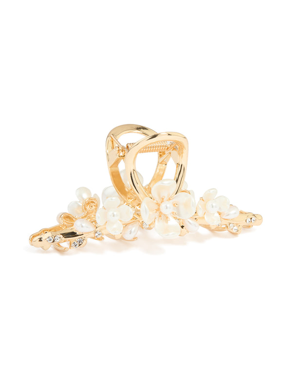 Gold Pearlised Floral Trio Claw Clip
