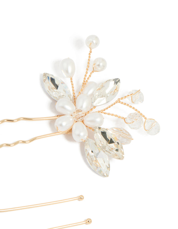Gold Pearl Diamante Floral Hair Pins 2-Pack