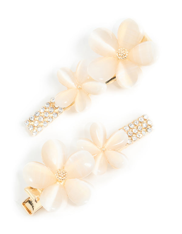 Gold Diamante Pave Double Flower Hair Clips 2-Pack
