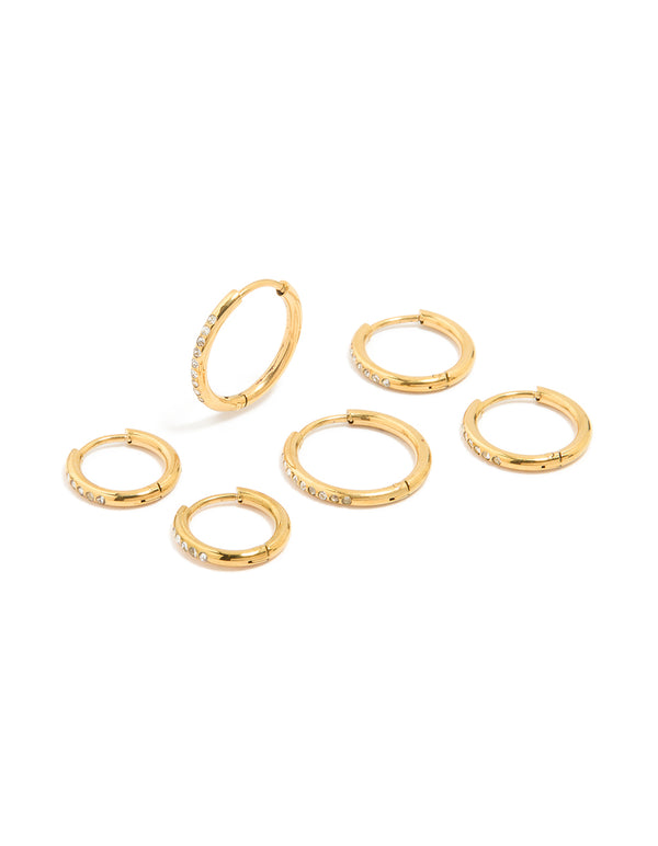 Waterproof Gold Plated Stainless Steel Cubic Zirconia Clicker Hoops 3-Pack