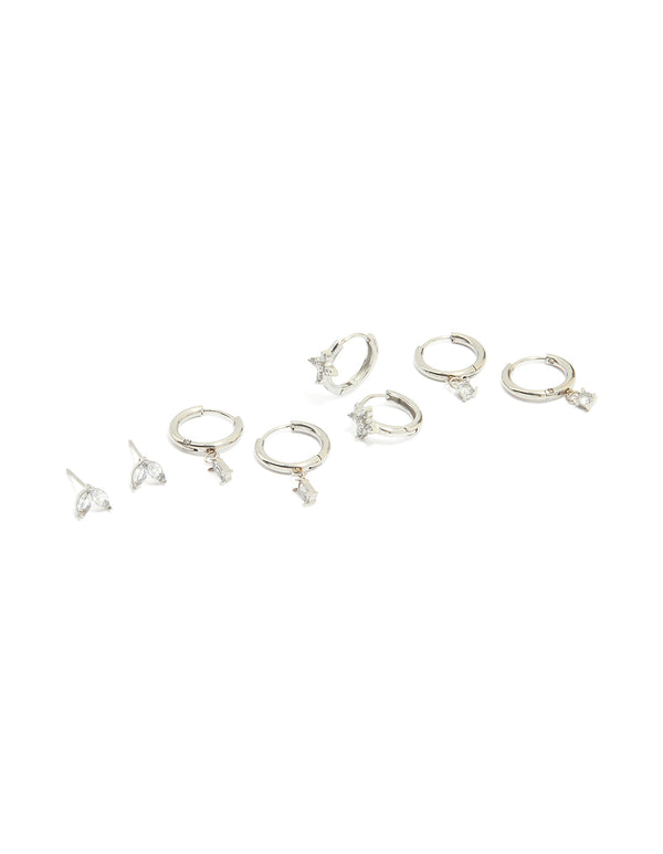 Waterproof Stainless Steel Cubic Zirconia & Baguette Flower Huggie Earrings 4-Pack