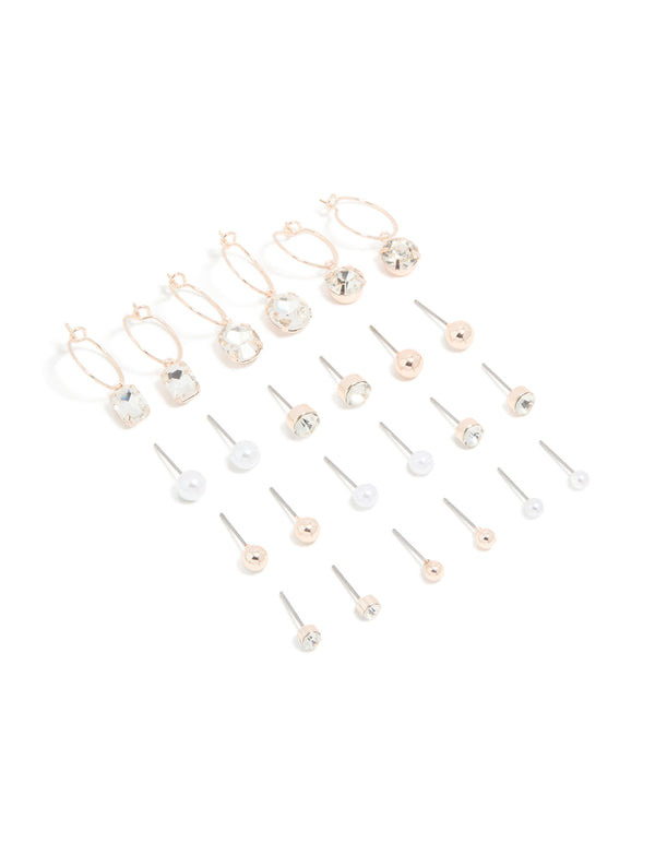 Rose Gold Diamante Pearl Ball Hoop & Stud Earrings 12-Pack