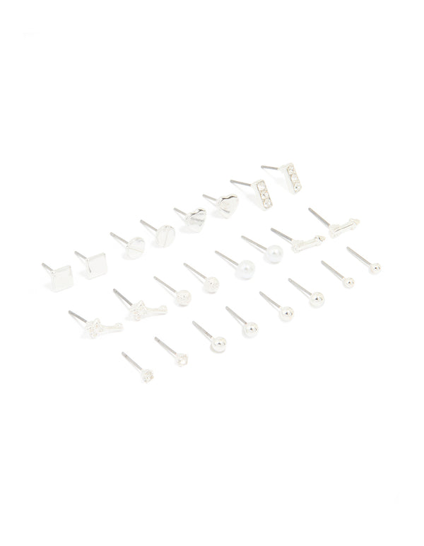 Silver Mixed Shape Stud Earrings 12-Pack