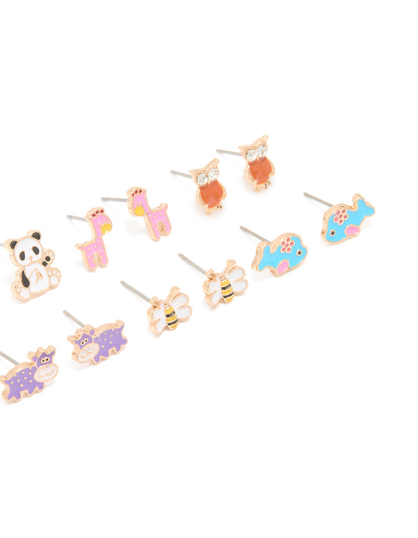 Gold Zoo Animal Stud Earrings 8-Pack