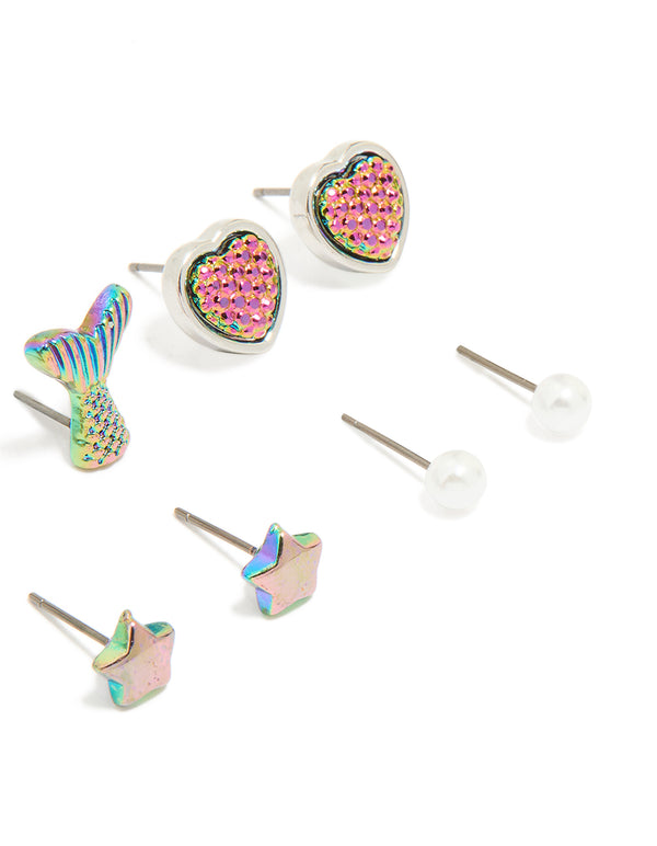 Kids Black Diamante & Mermaid Stud Earrings 6-Pack