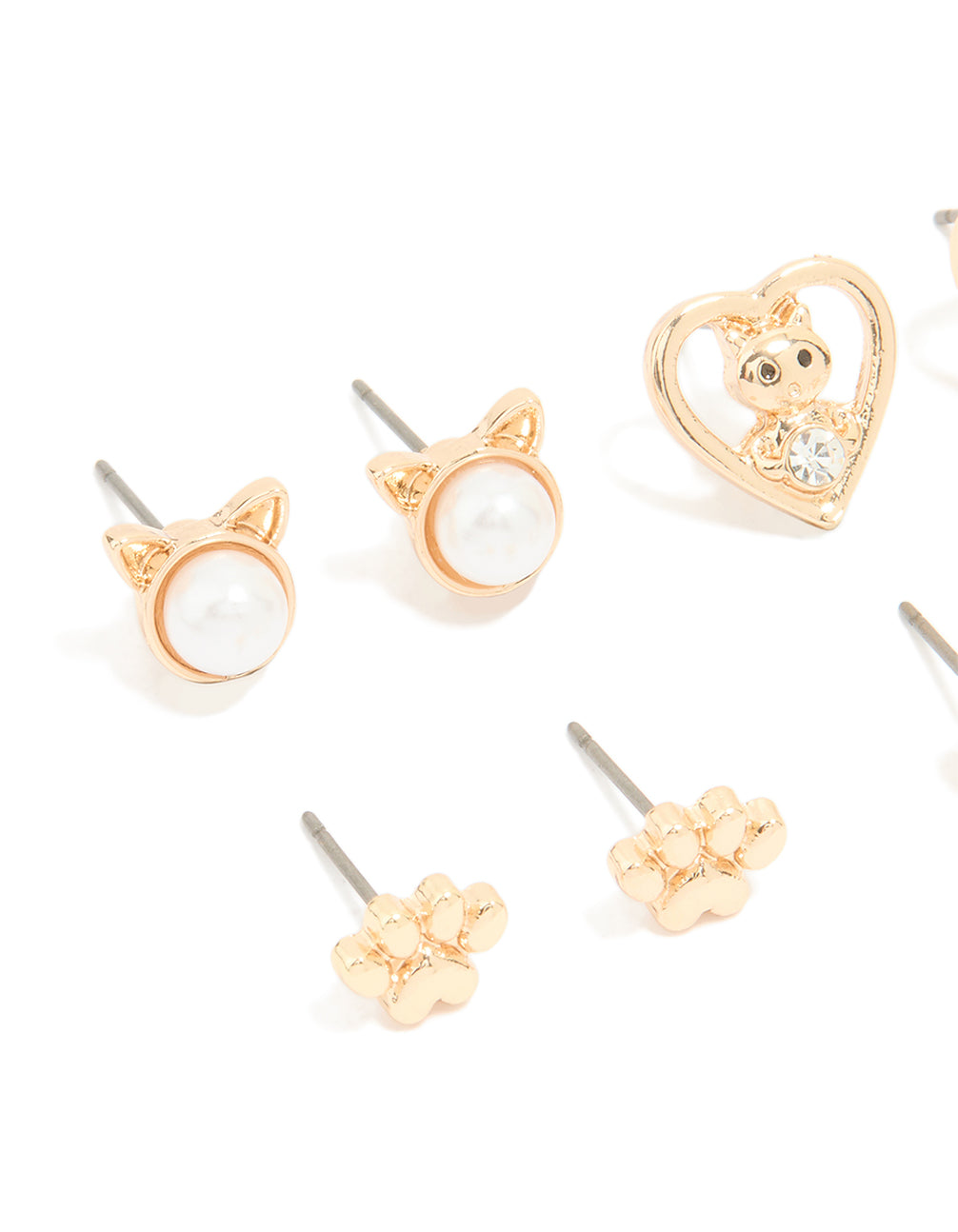Kids Gold Cat Paw & Cat Design Stud Earrings 6-Pack