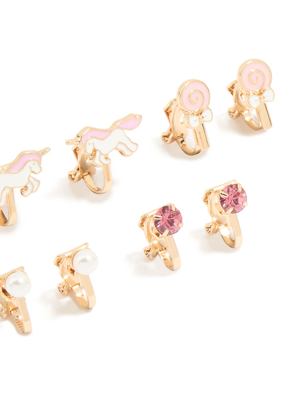 Kids Gold Pearl & Unicorn Clip On Earrings 6-Pack