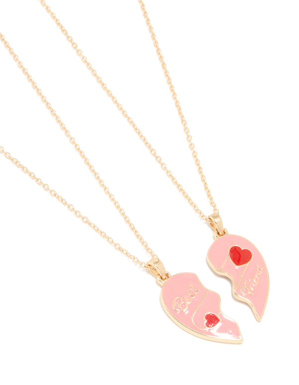 Kids Gold Bright Pink Heart Best Friend Necklaces 2-Pack
