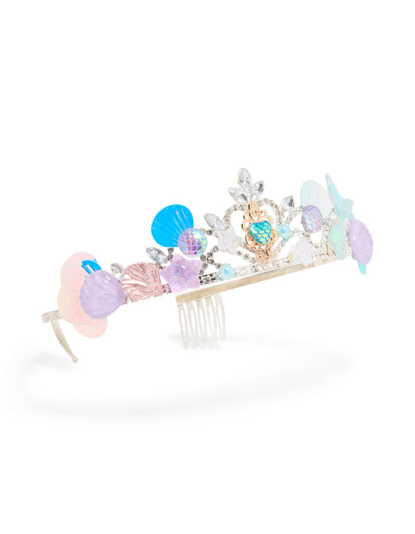 Showcasing a kids metallic tiara headband with glitter ocean shell accents and clear stones in silver lavender aqua pink side view