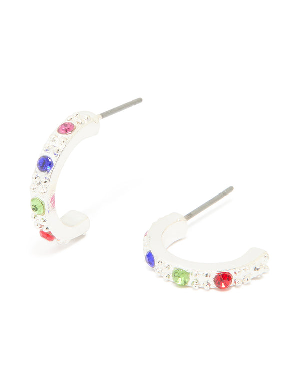 Silver Diamante Multicoloured Huggie Earrings