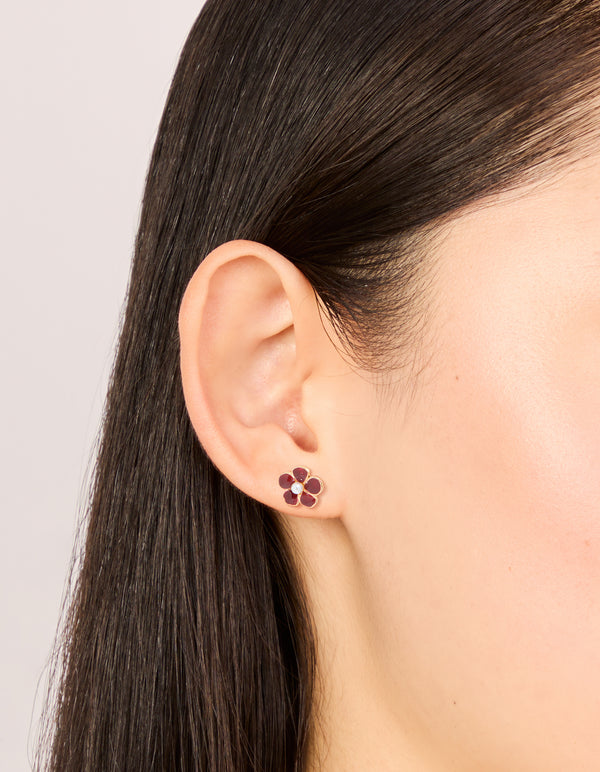 Gold Red Pearl Center Flower Stud Earrings