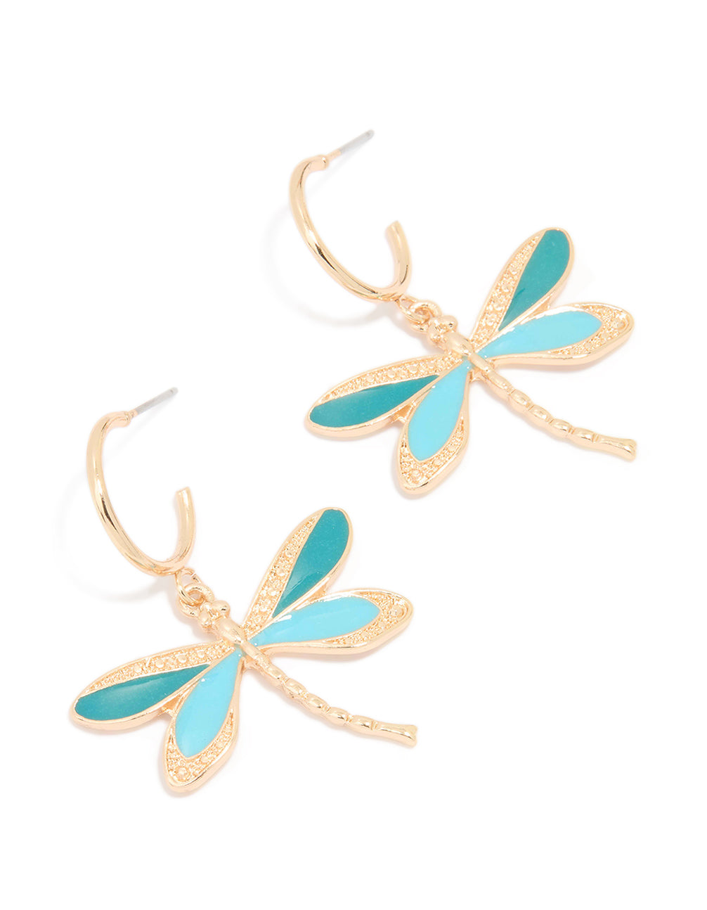 Gold Blue Dragonfly Hoop Earrings