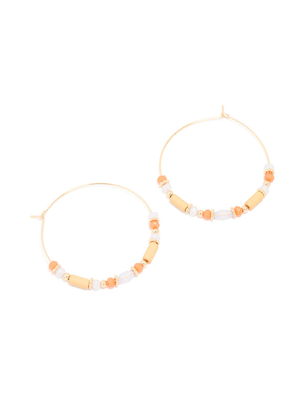 Gold Orange Beaded Hoop Earrings