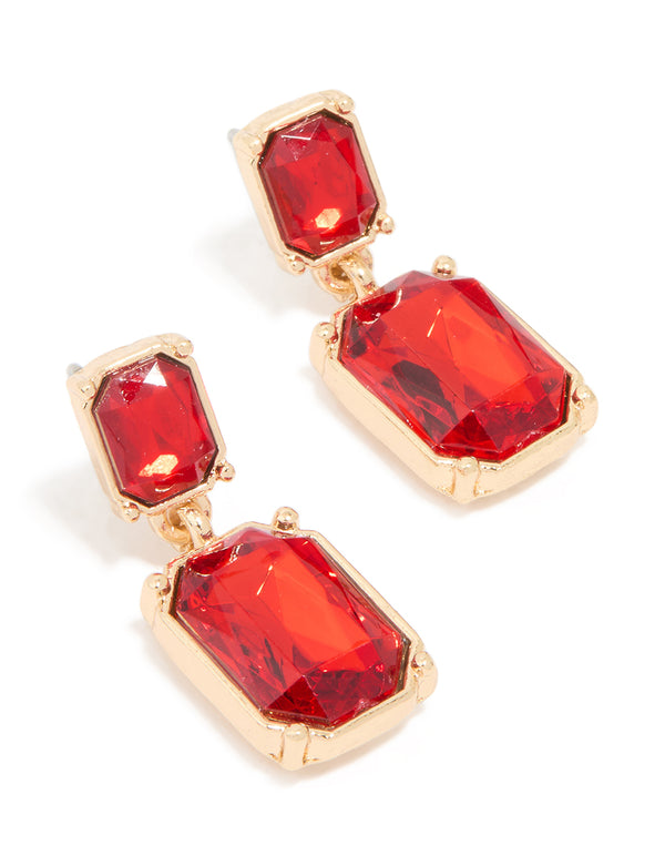 Gold Red Diamante Rectangle Drop Earrings