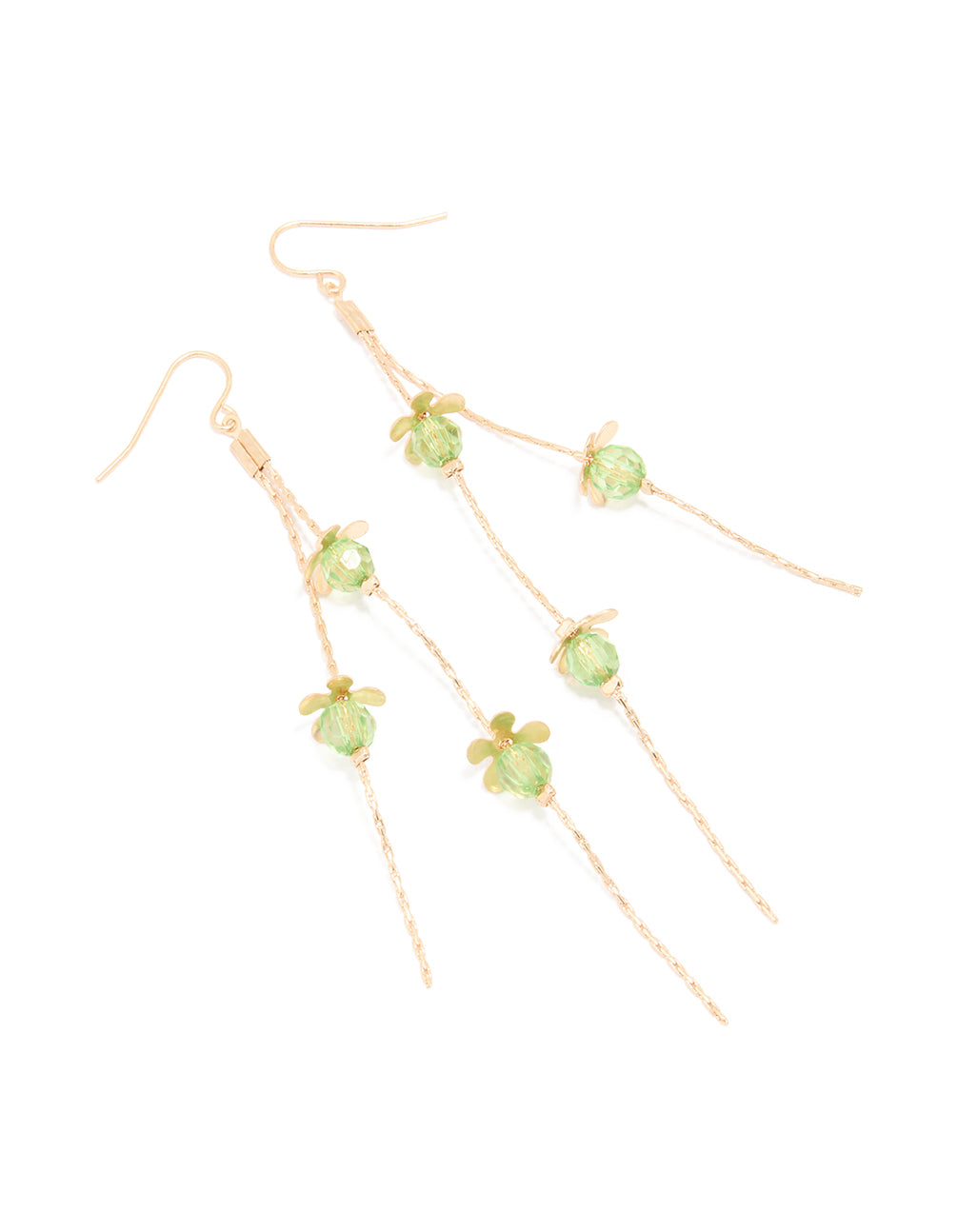 Gold Green Beaded Flower Chain Drop Earrings