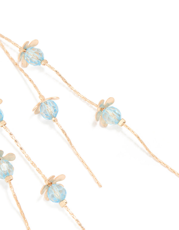 Gold Blue Beaded Flower Chain Drop Earrings