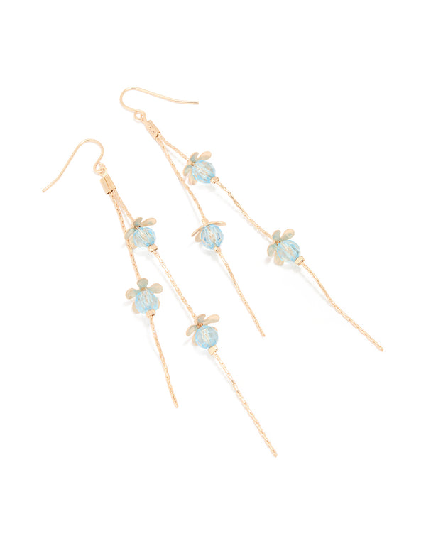 Gold Blue Beaded Flower Chain Drop Earrings