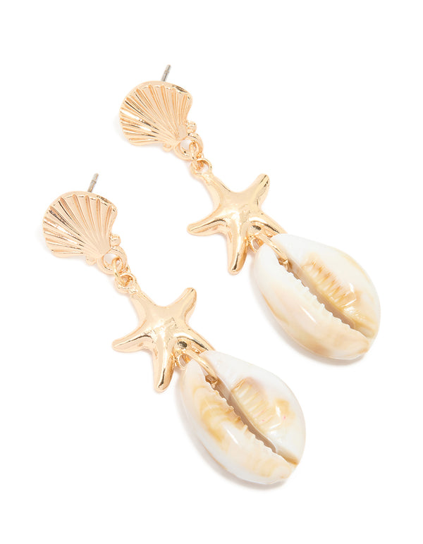 Gold Shell Star Drop Earrings
