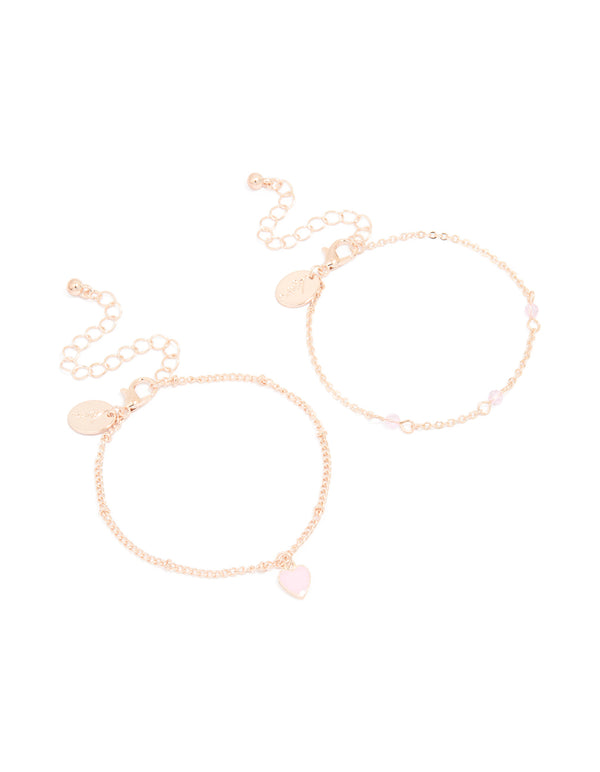 Rose Gold Pink Stone Heart Charm & Chain Bracelets 2-Pack