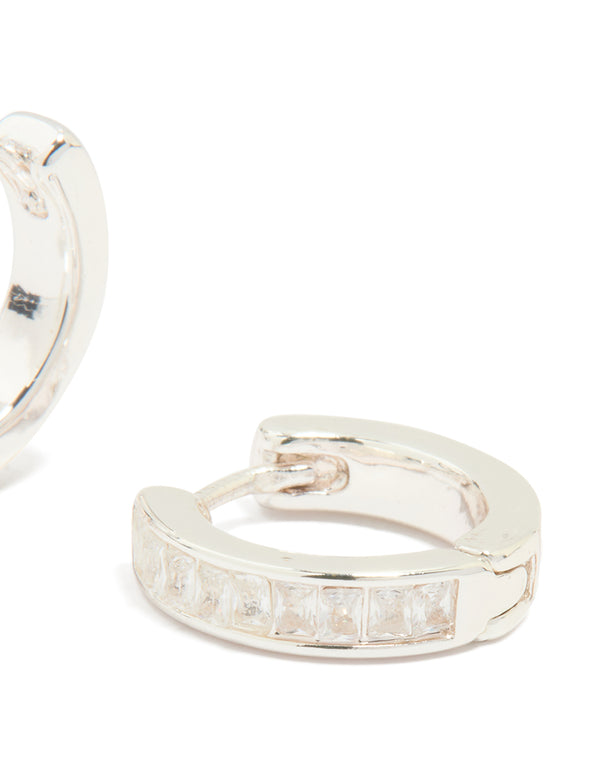 Silver Plated Cubic Zirconia Thin Pavé Hoop Earrings
