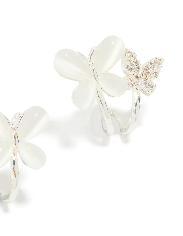 Silver Plated Cubic Zirconia Double Butterfly Mini Hoop Earrings