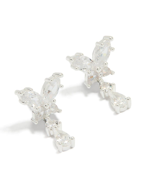 Silver Plated Cubic Zirconia Butterfly Teardrop Earrings