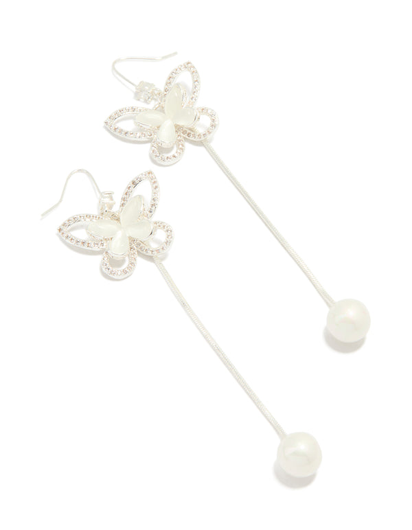 Silver Plated Pearl Butterfly Long Drop Earrings