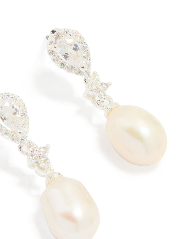 Silver Plated Cubic Zirconia Halo Pearl Drop Earrings