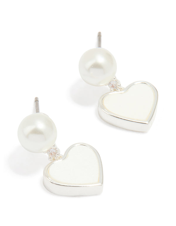 Silver Plated Pearl Catseye Heart Drop Earrings
