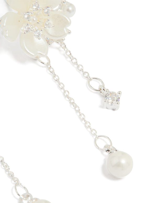 Silver Plated Cubic Zirconia & Pearl Flower Drop Earrings