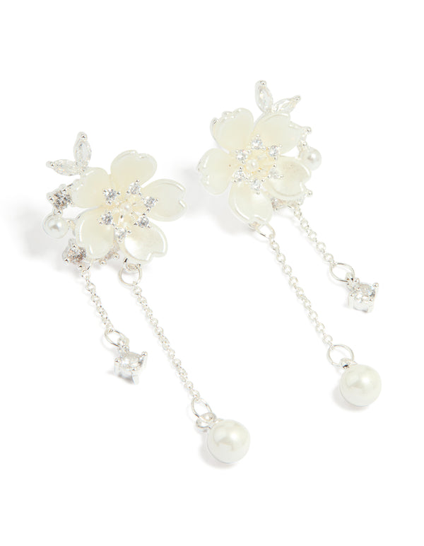 Silver Plated Cubic Zirconia & Pearl Flower Drop Earrings