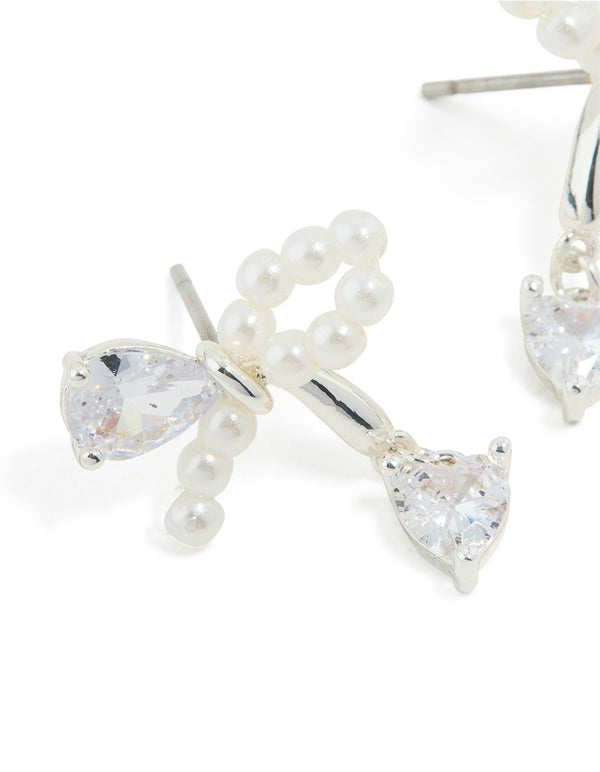 Silver Plated Cubic Zirconia & Pearl Bow Stud Earrings