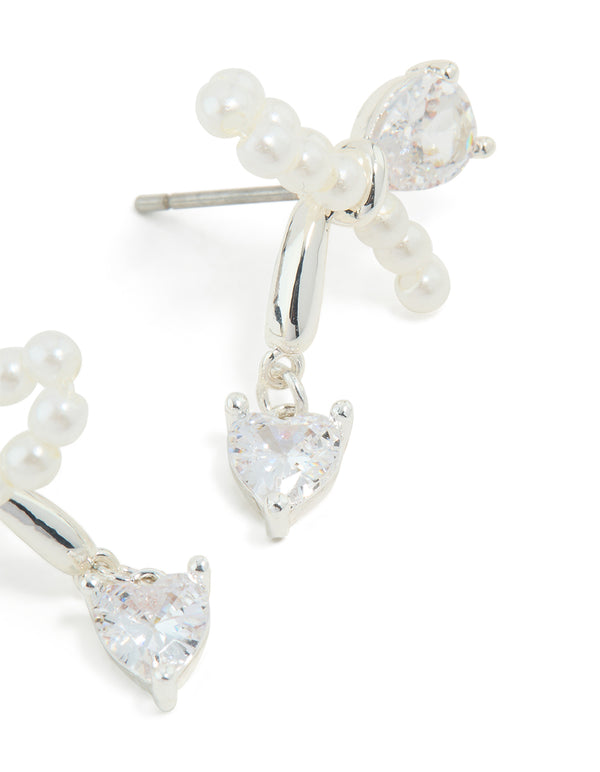Silver Plated Cubic Zirconia & Pearl Bow Stud Earrings