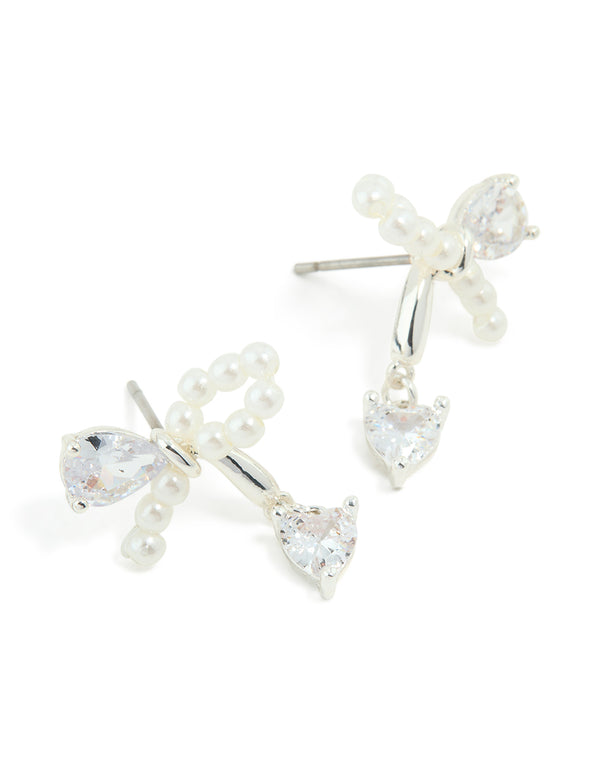 Silver Plated Cubic Zirconia & Pearl Bow Stud Earrings