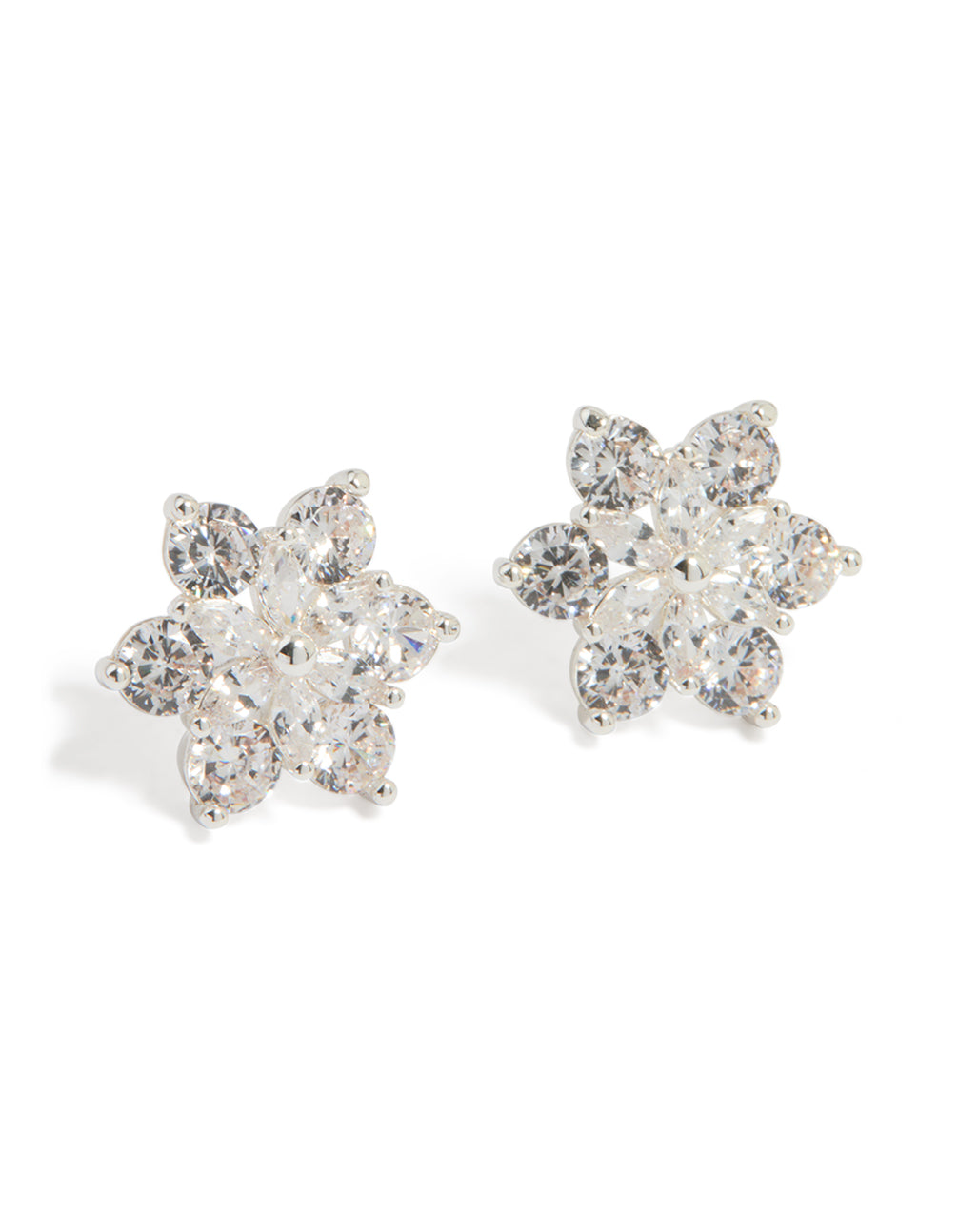 Silver Plated Cubic Zirconia Flower Stud Earrings