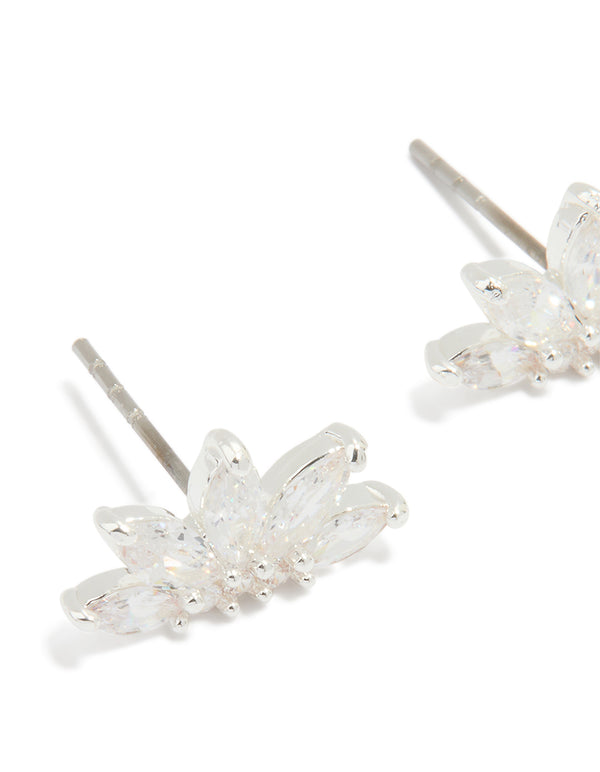 Silver Plated Cubic Zirconia Marquise Fan Stud Earrings