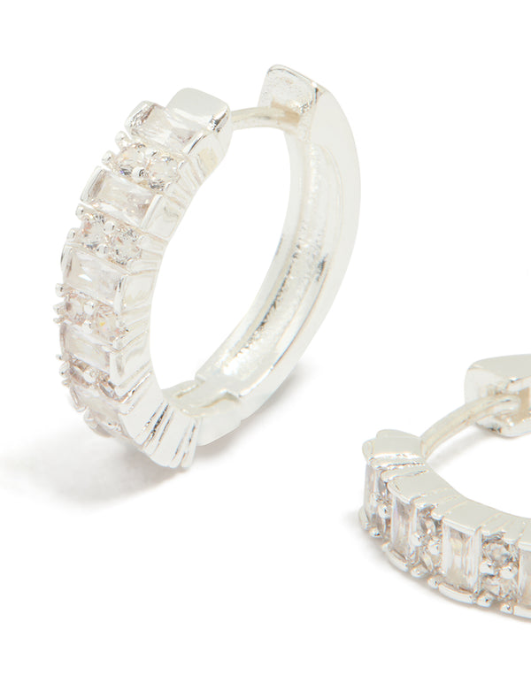 Silver Plated Diamante Baguette Pave Hoop Earrings