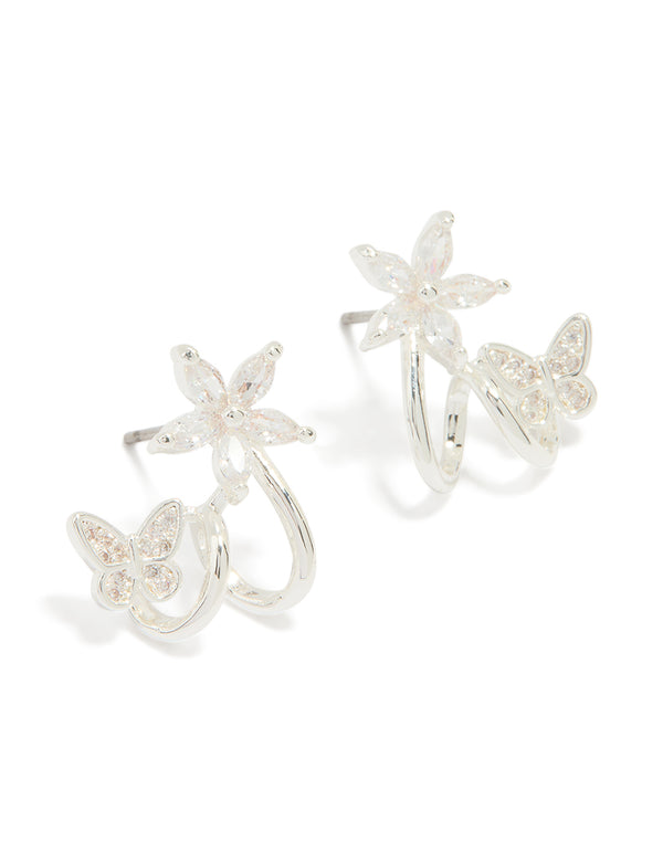 Silver Plated Cubic Zirconia Flower Butterfly Ear Jacket Earrings