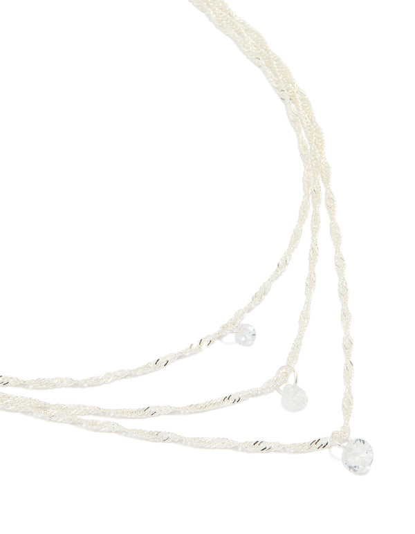 Silver Plated Round Cubic Zirconia Trio Layered Necklace