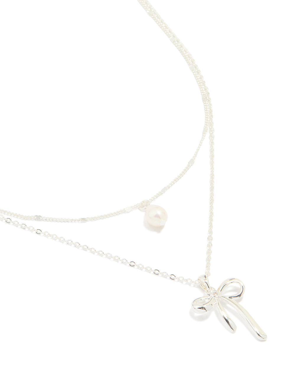 Silver Plated Freshwater Pearl & Bow Layered Necklace