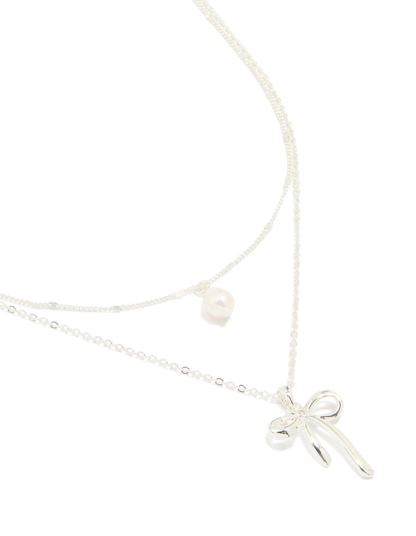 Silver Plated Freshwater Pearl & Bow Layered Necklace