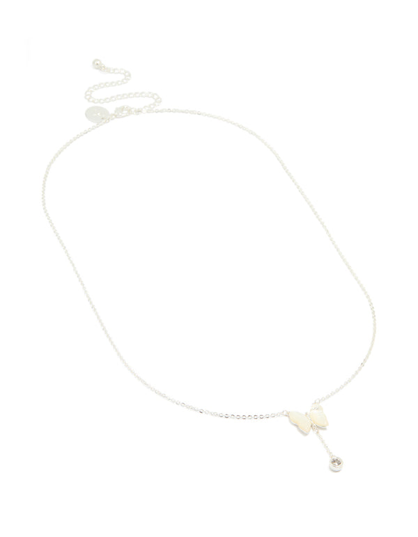 Silver Plated Mother Of Pearl & Cubic Zirconia Butterfly Y-Necklace