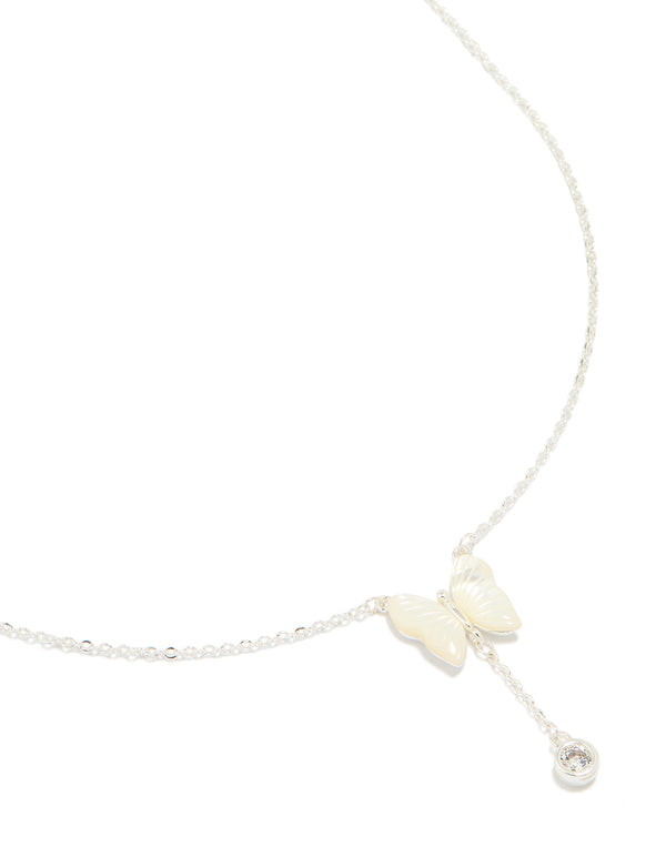 Silver Plated Mother Of Pearl & Cubic Zirconia Butterfly Y-Necklace