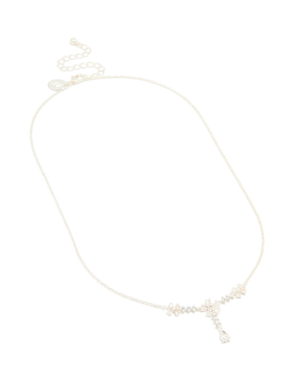 Silver Plated Cubic Zirconia Flower Trio Y-Necklace